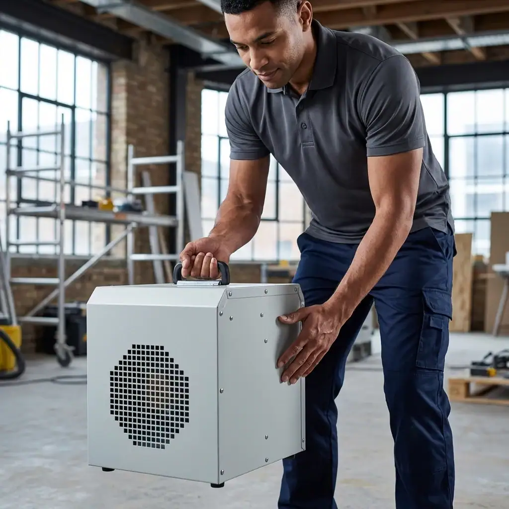 3kW Fan Heater Hire London | Broughton Industrial 240V (UK Built) 3 240V fan heater hire London – operative positioning 3kW fan heater on construction site floor