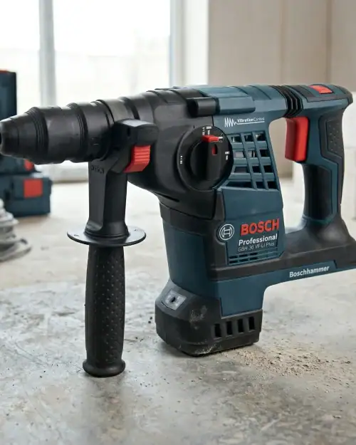 Cordless SDS Drill Hire London | Bosch 24V Rotary Hammer Drill (SDS Plus) 18 Bosch Professional GBH 36 VF-LI Plus cordless SDS drill on construction floor with tools in background ready for hire