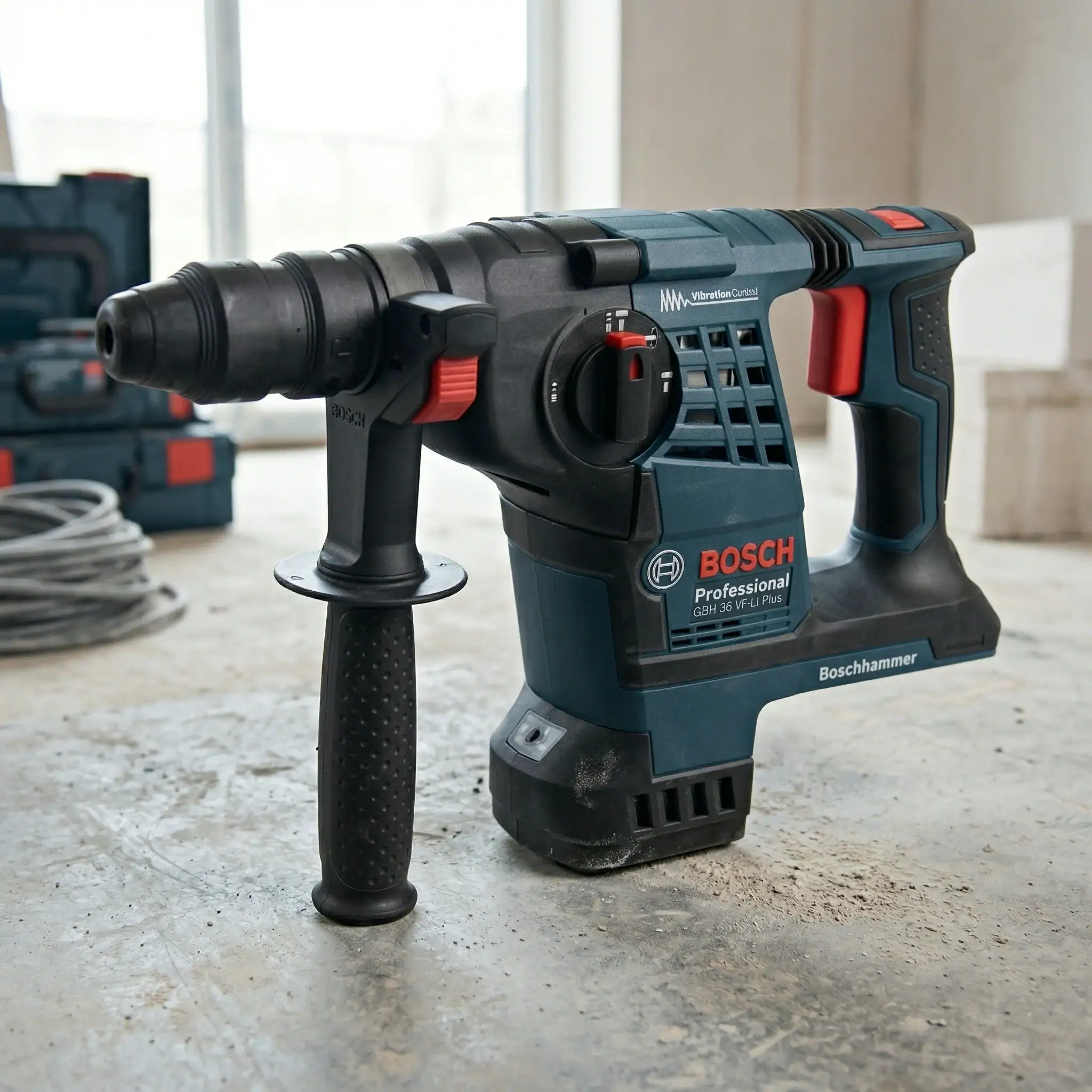 Cordless SDS Drill Hire London | Bosch 24V Rotary Hammer Drill (SDS Plus) 9 Bosch Professional GBH 36 VF-LI Plus cordless SDS drill on construction floor with tools in background ready for hire