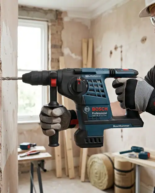 Cordless SDS Drill Hire London | Bosch 24V Rotary Hammer Drill (SDS Plus) 14 Contractor in hard hat using Bosch GBH 36V cordless SDS Plus hammer drill for wall drilling on renovation project