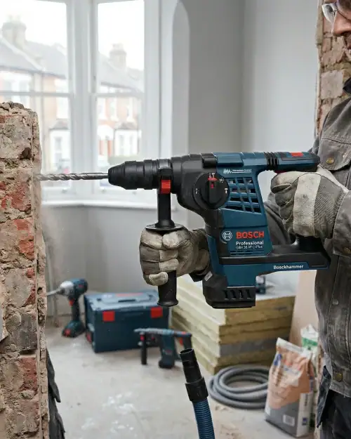Cordless SDS Drill Hire London | Bosch 24V Rotary Hammer Drill (SDS Plus) 15 Bosch cordless SDS Plus drill with vibration control drilling into brick wall showing side handle and battery pack