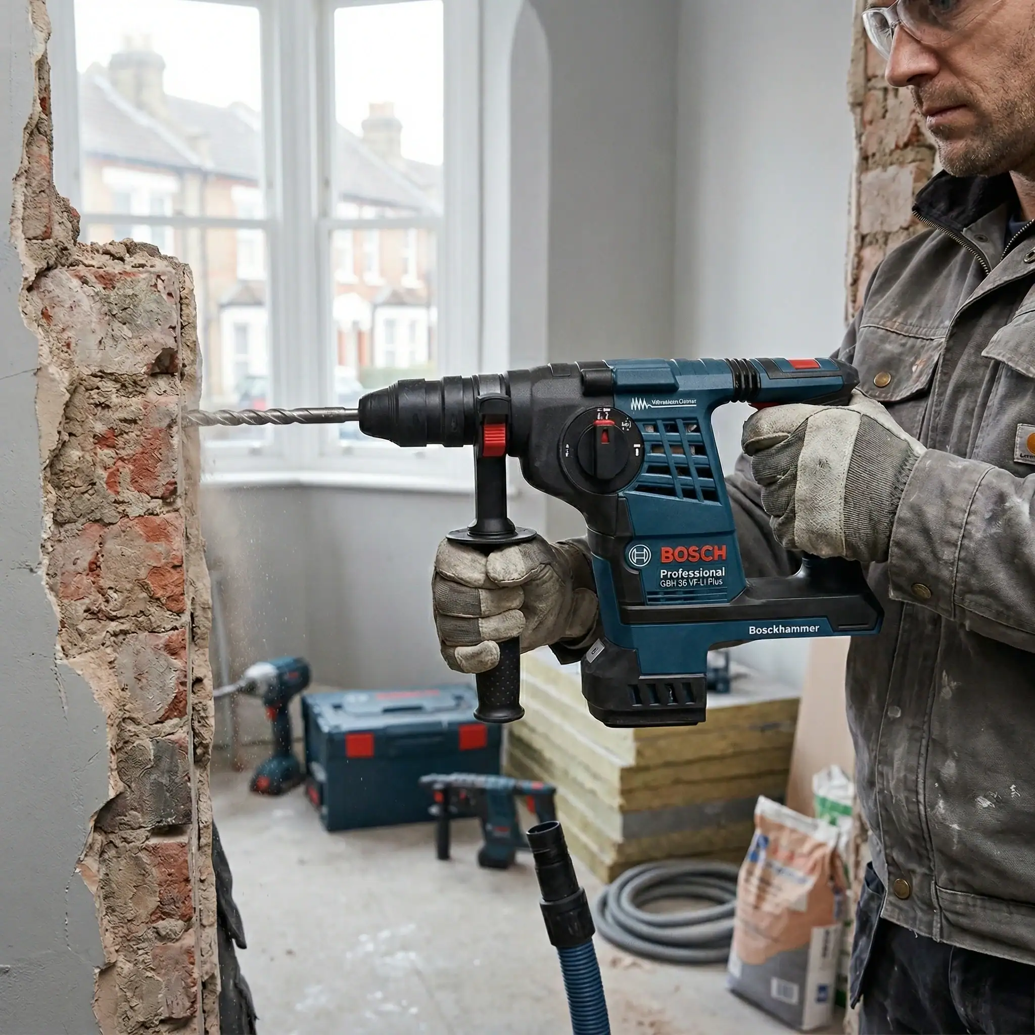 Cordless SDS Drill Hire London | Bosch 24V Rotary Hammer Drill (SDS Plus) 6 Bosch cordless SDS Plus drill with vibration control drilling into brick wall showing side handle and battery pack