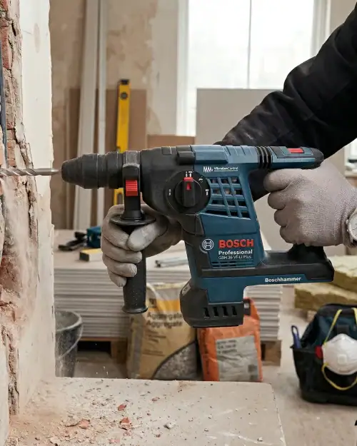 Cordless SDS Drill Hire London | Bosch 24V Rotary Hammer Drill (SDS Plus) 12 Cordless SDS drill hire London action shot showing Bosch 36V rotary hammer drilling into masonry wall on site