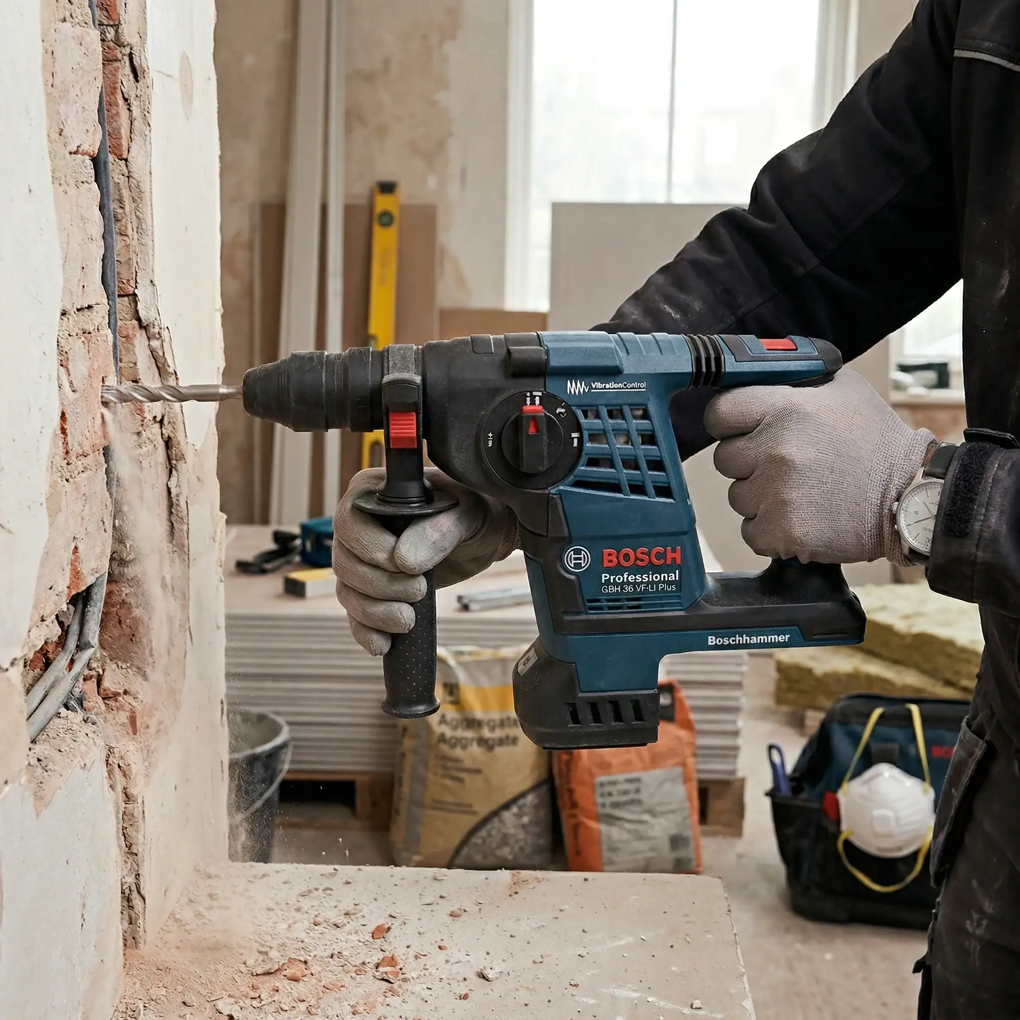 Cordless SDS Drill Hire London | Bosch 24V Rotary Hammer Drill (SDS Plus) 3 Cordless SDS drill hire London action shot showing Bosch 36V rotary hammer drilling into masonry wall on site