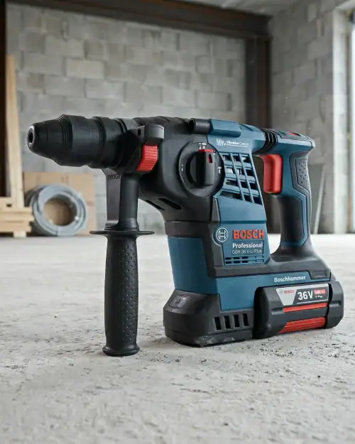 Cordless SDS Drill Hire London | Bosch 24V Rotary Hammer Drill (SDS Plus) 16 Bosch GBH 36 VF-LI Plus cordless rotary hammer product view on site showing 36V battery and SDS Plus chuck