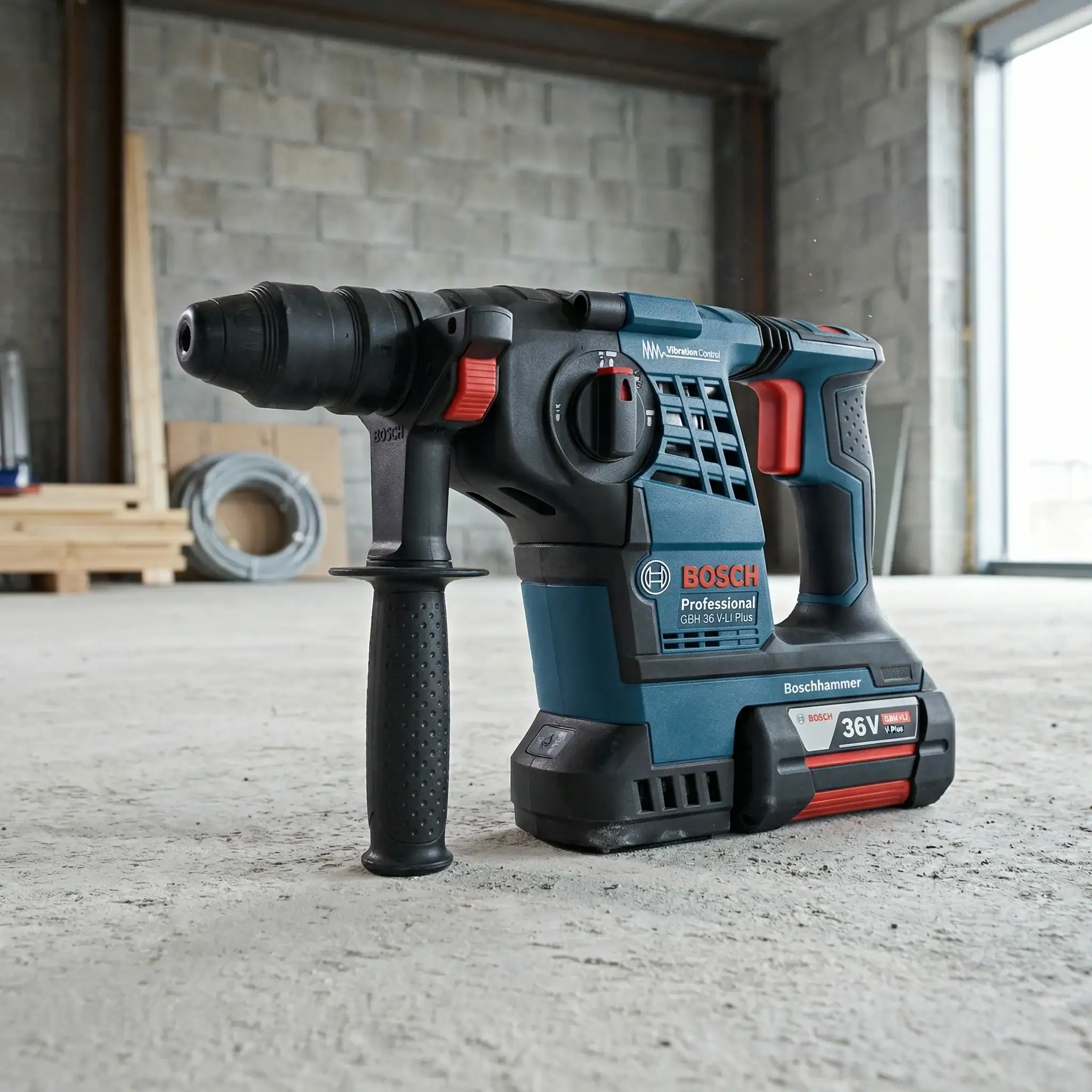 Cordless SDS Drill Hire London | Bosch 24V Rotary Hammer Drill (SDS Plus) 7 Bosch GBH 36 VF-LI Plus cordless rotary hammer product view on site showing 36V battery and SDS Plus chuck