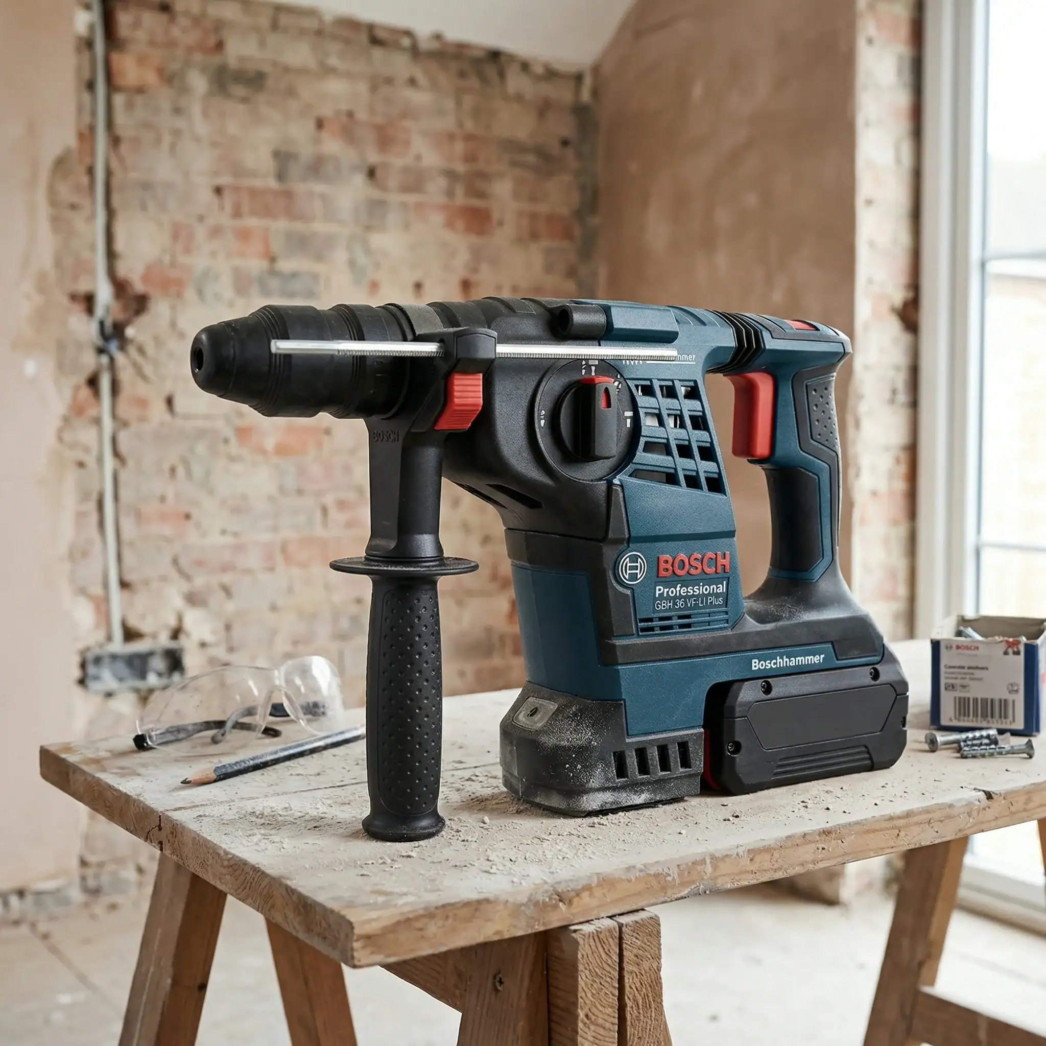 Cordless SDS Drill Hire London | Bosch 24V Rotary Hammer Drill (SDS Plus) 2 Bosch GBH 36 VF-LI Plus cordless SDS drill close-up product shot showing rotary hammer body and chuck detail