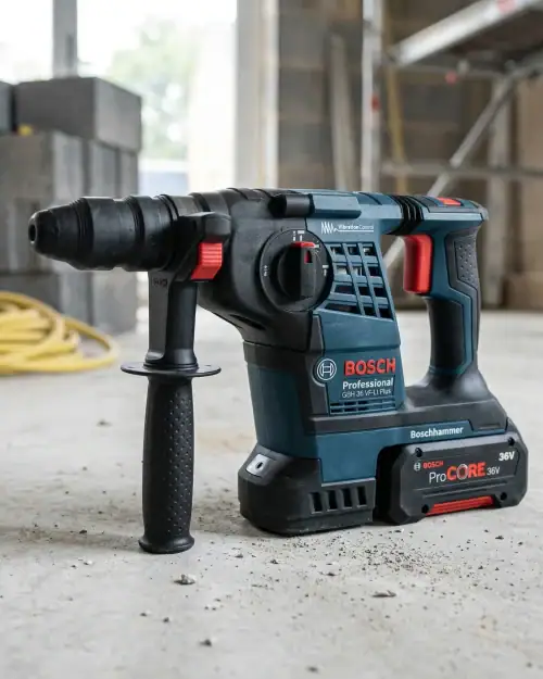 Cordless SDS Drill Hire London | Bosch 24V Rotary Hammer Drill (SDS Plus) 17 Cordless SDS drill hire London showing Bosch 36V ProCORE battery and vibration control on construction site floor