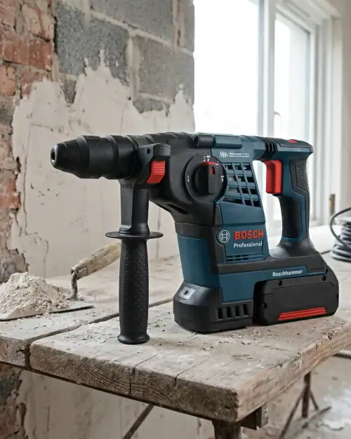 Cordless SDS Drill Hire London | Bosch 24V Rotary Hammer Drill (SDS Plus) 19 Bosch cordless rotary hammer drill on workbench in renovation room with exposed brick wall and SDS Plus bit attached