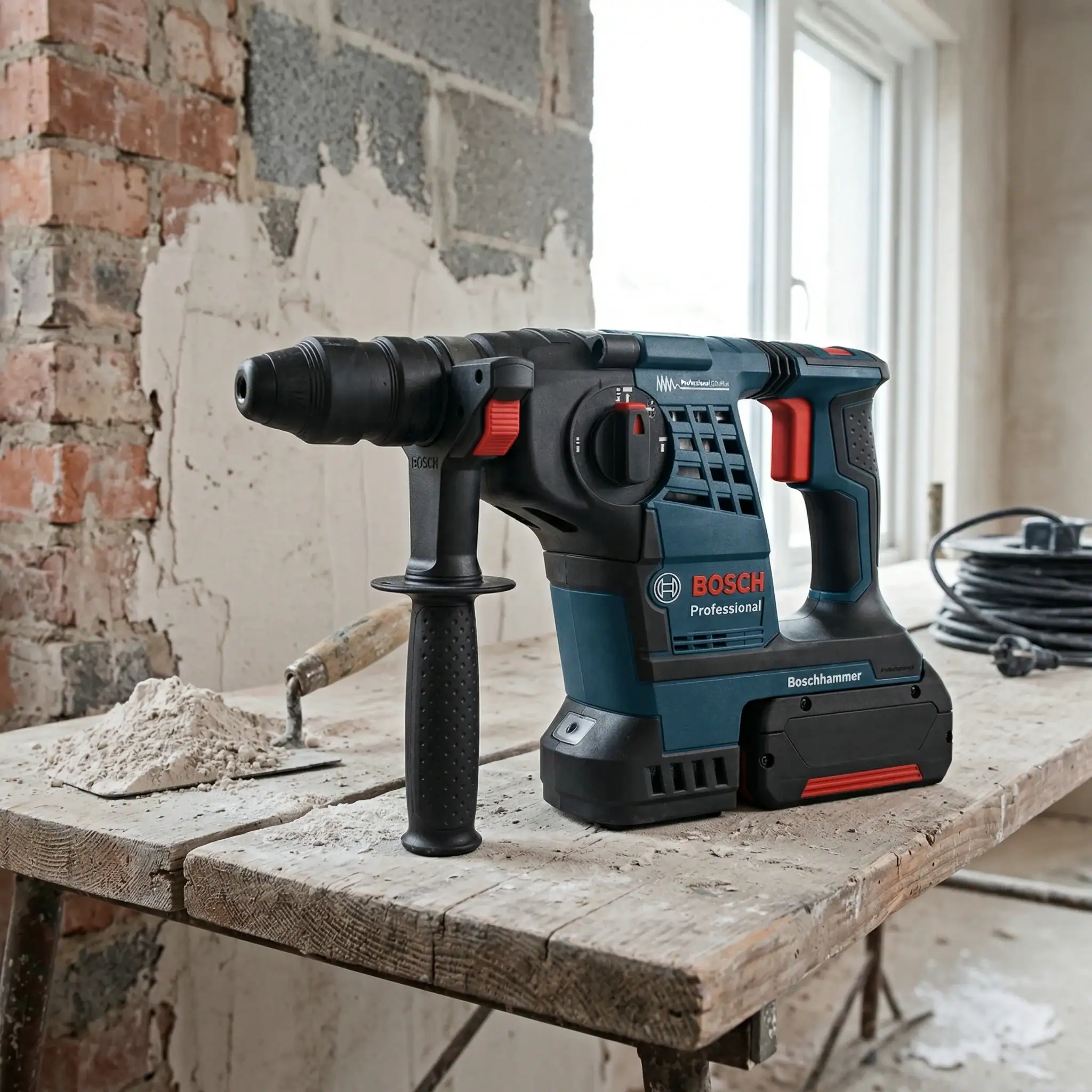 Cordless SDS Drill Hire London | Bosch 24V Rotary Hammer Drill (SDS Plus) 10 Bosch cordless rotary hammer drill on workbench in renovation room with exposed brick wall and SDS Plus bit attached