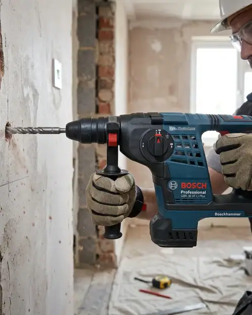 Worker with safety glasses drilling into wall using Bosch cordless SDS Plus rotary hammer on construction site
