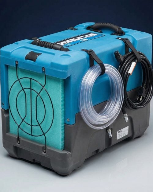 Dri-Eaz Revolution LGR industrial dehumidifier with drainage hose and power cable for building drying hire