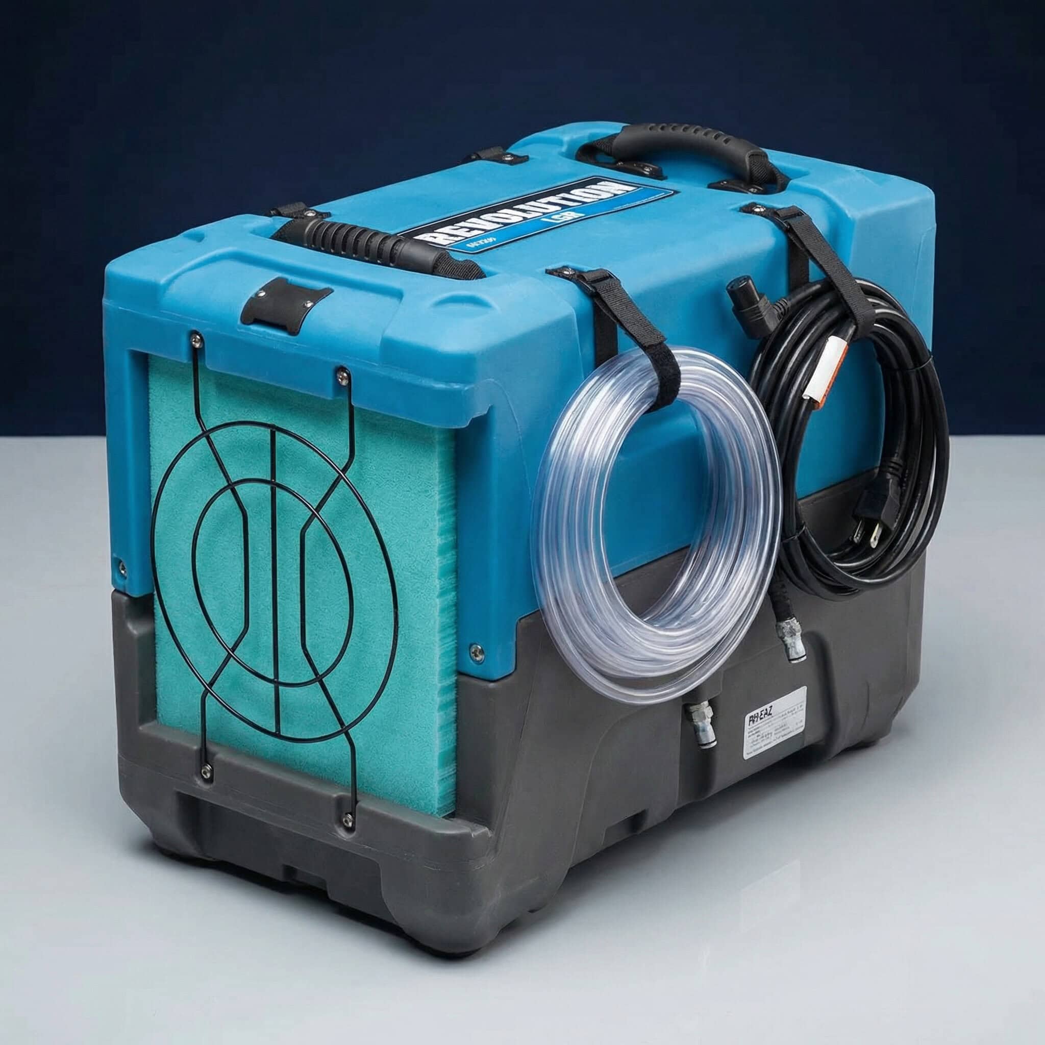 Industrial Dehumidifier Hire London | 230V Low Grain (LGR) Building Dryer (63L) 2 Dri-Eaz Revolution LGR industrial dehumidifier with drainage hose and power cable for building drying hire