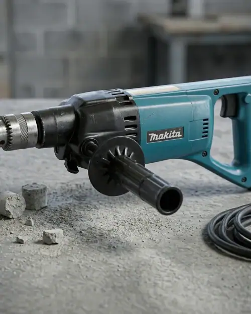 Close-up of Makita 8406 dry diamond core drill showing keyed chuck and drill body detail