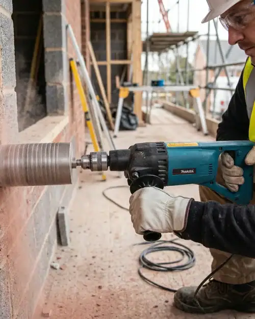 Dry diamond drill hire London operator core drilling through brick wall with Makita 8406 240V