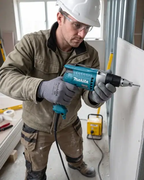Contractor in hard hat using Makita 110V drywall screwdriver to fix plasterboard on dry lining installation site