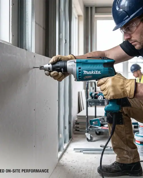 Drywall screwdriver hire London worker fixing plasterboard with Makita 110V screw gun on commercial dry lining project