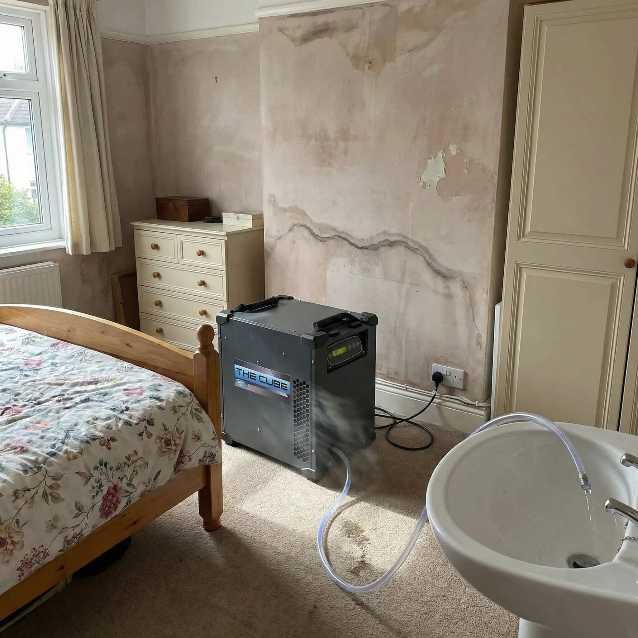 Dri-Eaz Cube Dehumidifier Hire London | Compact Professional 43L (F571) 7 Dri-Eaz Cube dehumidifier drying a bedroom after a leak in London