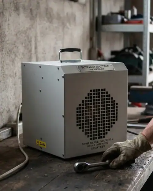 3kW Fan Heater Hire London | Broughton Industrial 240V (UK Built) 12 240V 3kW fan heater hire London – fan heater on workbench in workshop or garage environment
