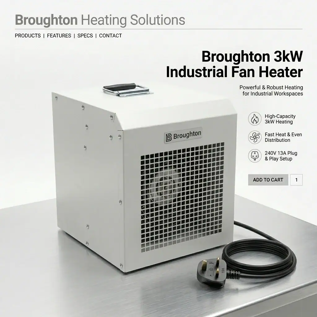 3kW Fan Heater Hire London | Broughton Industrial 240V (UK Built) 5 Broughton 3kW 240V fan heater hire – product shot with standard 13A mains plug and cable