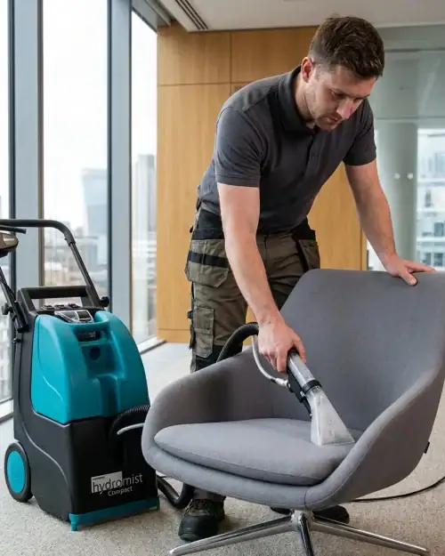 Brush type carpet cleaner hire London – Truvox Hydromist Compact HC250 used for upholstery cleaning in London office