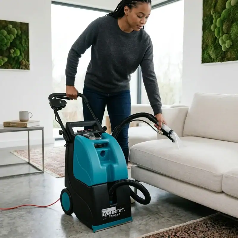 Brush type carpet cleaner hire London – Truvox Hydromist Compact HC250 used for sofa and upholstery cleaning in a home setting