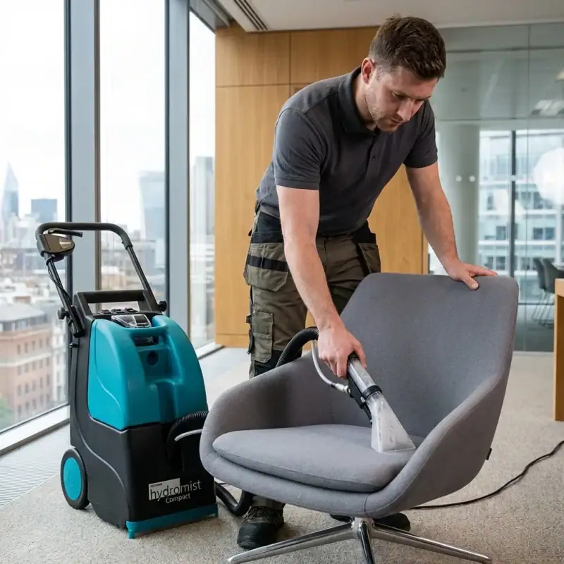 Brush type carpet cleaner hire London – Truvox Hydromist Compact HC250 used for upholstery cleaning in London office
