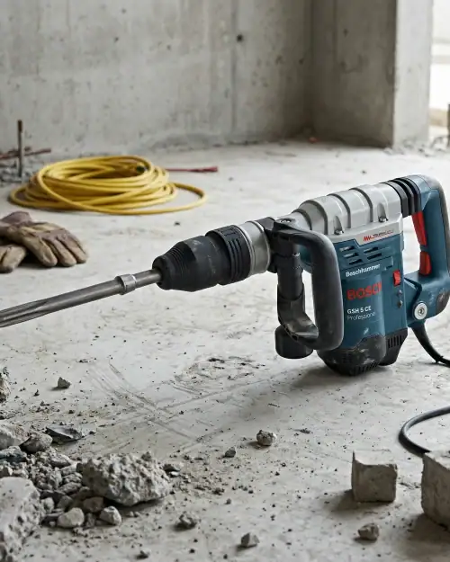 Bosch GSH 11 E medium breaker hire on concrete floor with chisel bit and 110V extension cable on demolition site