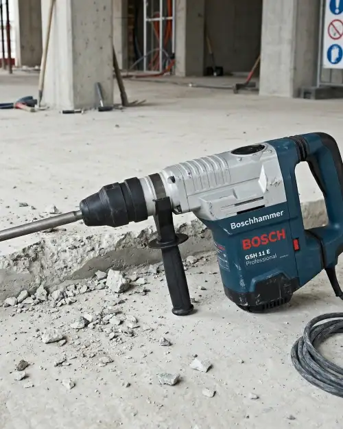 Bosch GSH 11 E Professional SDS Max medium breaker hire on rubble-strewn construction site floor with safety signs visible