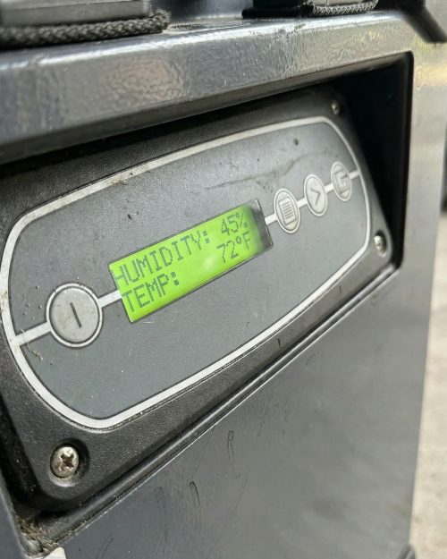 Dri-Eaz Cube Dehumidifier Hire London | Compact Professional 43L (F571) 12 Dri-Eaz Cube F571 dehumidifier digital control panel showing humidity and temperature readings on hire unit