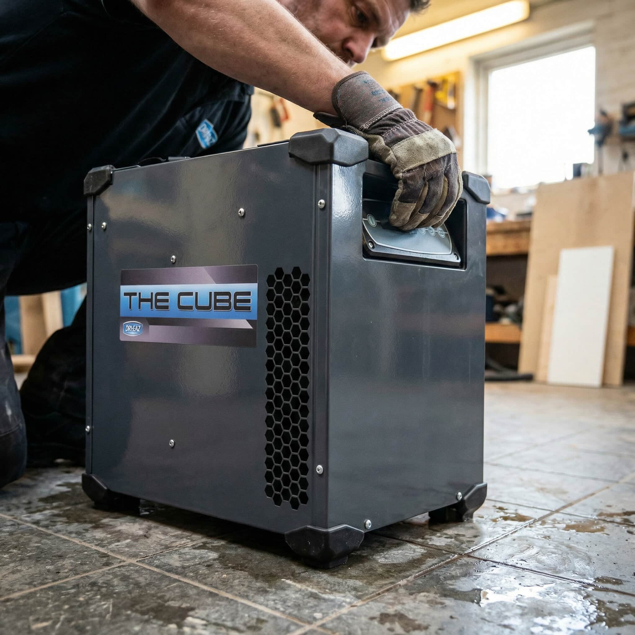 Dri-Eaz Cube Dehumidifier Hire London | Compact Professional 43L (F571) 1 Dri-Eaz The Cube F571 230V industrial dehumidifier hire control panel and label