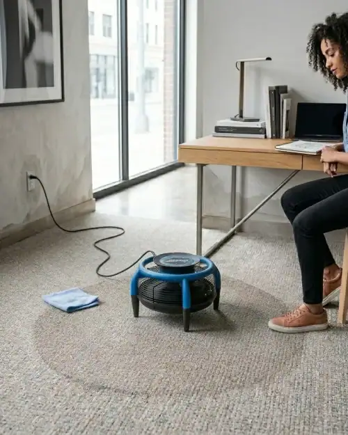 Dri-Pod air mover hire London – unit running on carpet in residential room after water damage