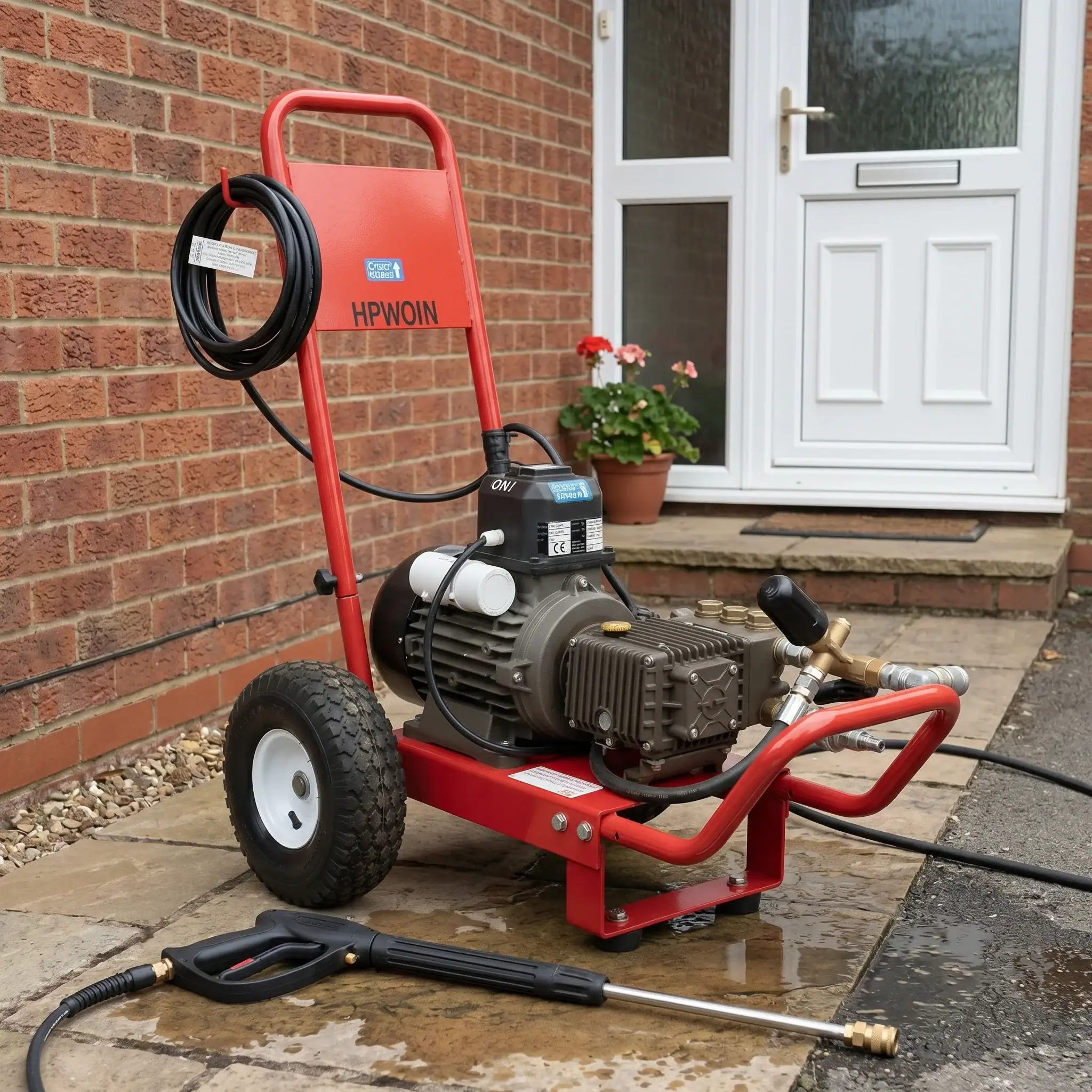 Heavy Duty Pressure Washer Hire London | 240V Cold Water 9 Heavy duty 240V cold water pressure washer hire with jet wash lance and accessories outside a building
