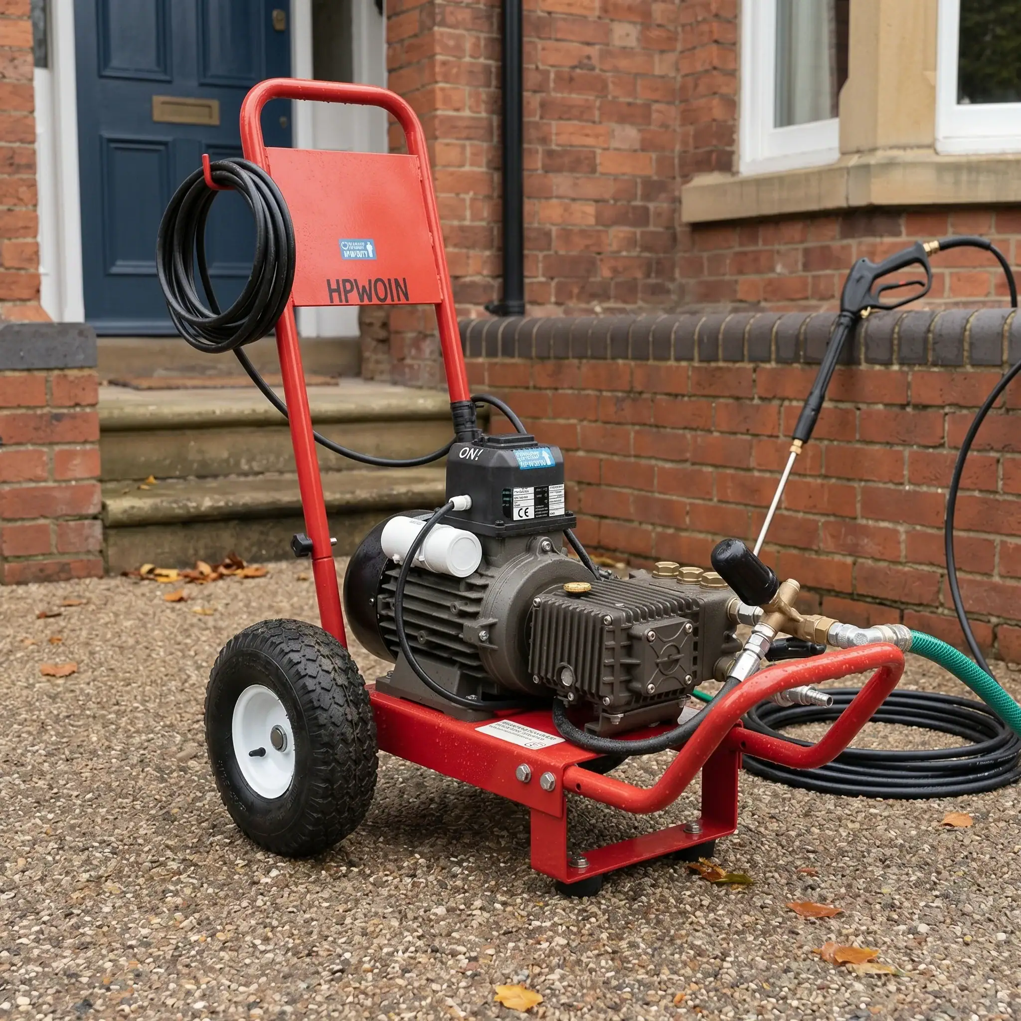 Heavy Duty Pressure Washer Hire London | 240V Cold Water 10 Heavy duty 240V cold water jet wash for commercial use with red frame and high-pressure hose