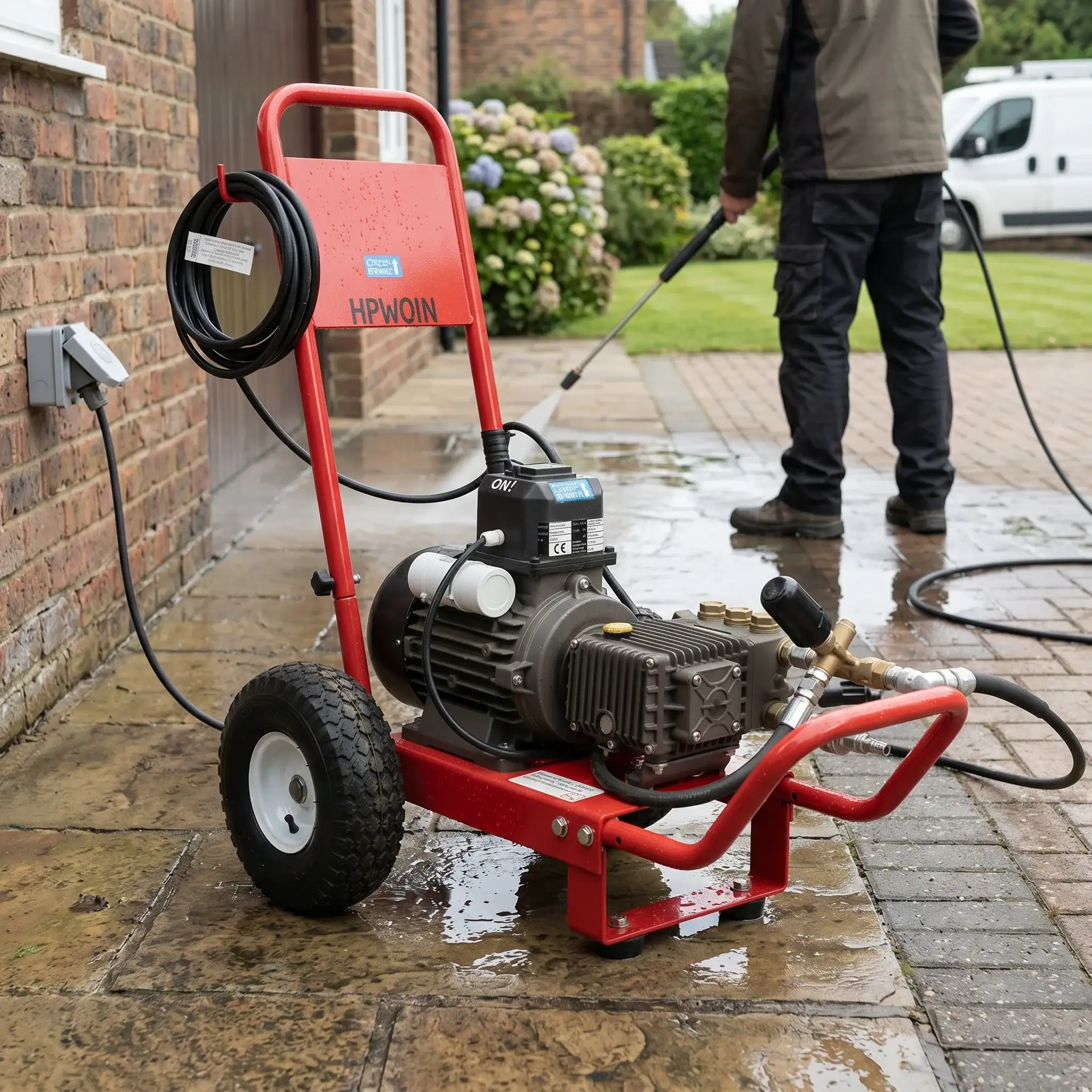 Heavy Duty Pressure Washer Hire London | 240V Cold Water 11 Heavy duty pressure washer hire in use for driveway cleaning with 240V cold water jet wash