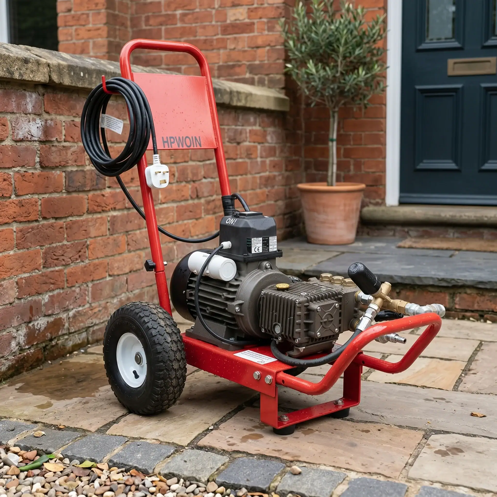 Heavy Duty Pressure Washer Hire London | 240V Cold Water 12 Heavy duty 240V pressure washer positioned by front door ready for residential jet wash cleaning
