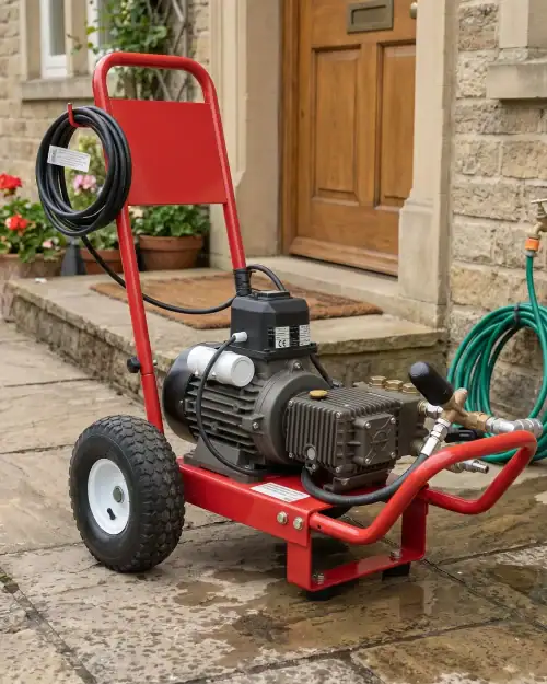 Heavy Duty Pressure Washer Hire London | 240V Cold Water 28 Heavy duty 240V cold water pressure washer connected to garden tap and ready for outdoor cleaning