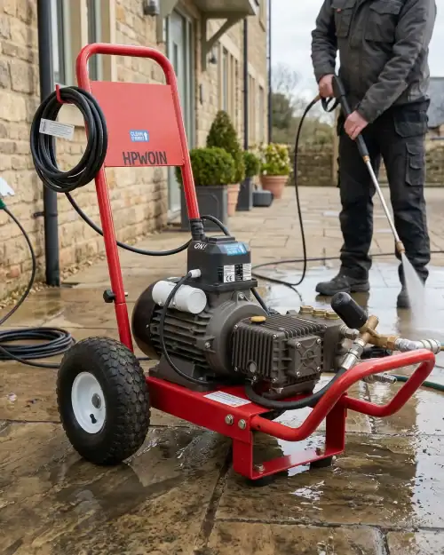 Heavy Duty Pressure Washer Hire London | 240V Cold Water 29 Operator using heavy duty 240V cold water pressure washer with jet wash lance for exterior cleaning