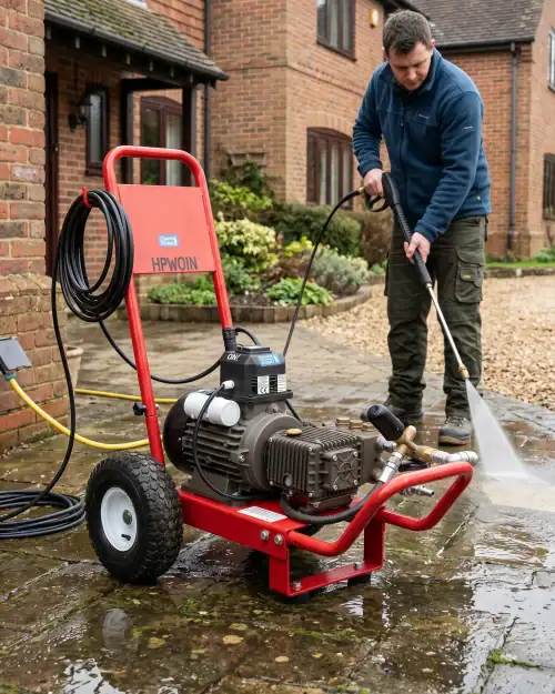 Heavy duty pressure washer hire London man using 240V cold water jet wash for patio cleaning