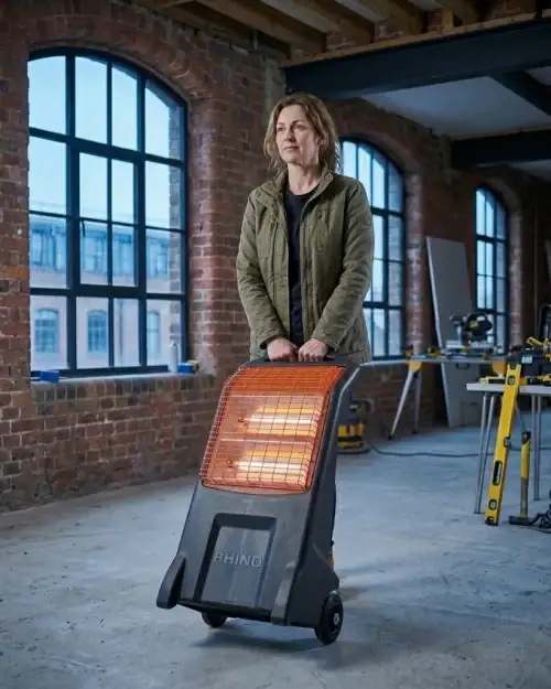 Infrared Heater Hire London | 3kW Radiant Heater on Tripod (240V) 9 Infrared heater hire London – Rhino 3kW infrared heater on active construction and fit-out site