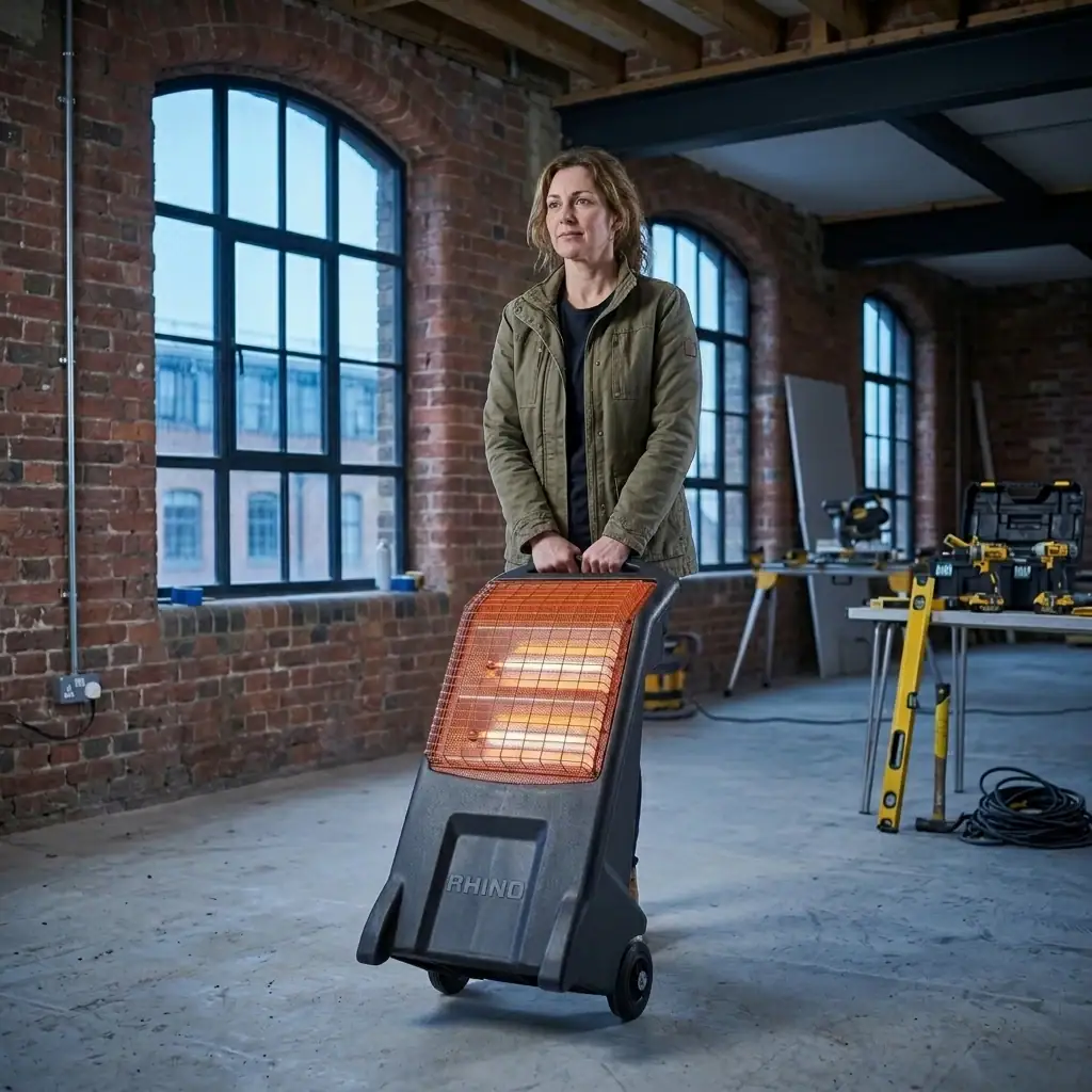 Infrared Heater Hire London | 3kW Radiant Heater on Tripod (240V) 5 Infrared heater hire London – Rhino 3kW infrared heater on active construction and fit-out site