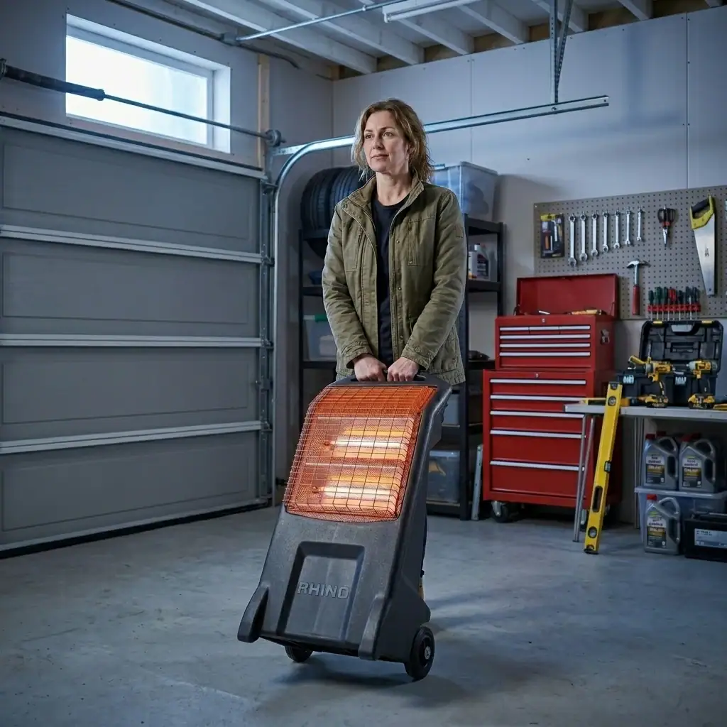 Infrared Heater Hire London | 3kW Radiant Heater on Tripod (240V) 3 Infrared heater hire London – Rhino 3kW infrared heater in use in a garage workshop environment