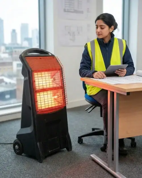 Infrared heater hire London – Rhino 3kW infrared heater providing radiant heat in a site office
