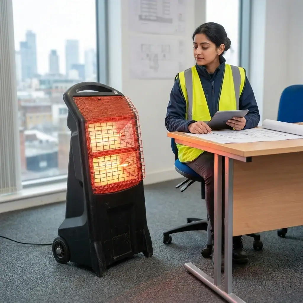 Infrared Heater Hire London | 3kW Radiant Heater on Tripod (240V) 1 Infrared heater hire London – Rhino 3kW infrared heater providing radiant heat in a site office
