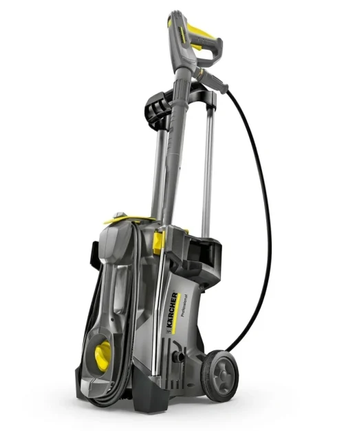 Kärcher HD 5/11 professional pressure washer on white background showing full machine with lance, hose and wheels