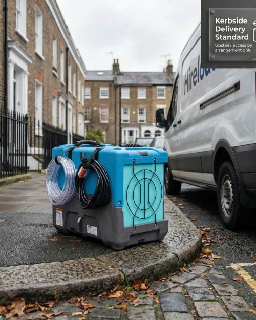 Industrial Dehumidifier Hire London | 230V Low Grain (LGR) Building Dryer (63L) 12 Kerbside delivery standard for dehumidifier hire in London (upstairs access note)