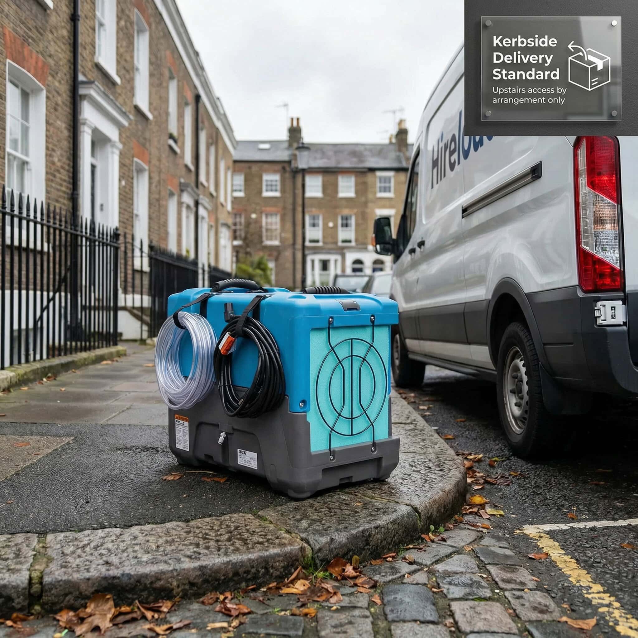 Industrial Dehumidifier Hire London | 230V Low Grain (LGR) Building Dryer (63L) 6 Kerbside delivery standard for dehumidifier hire in London (upstairs access note)