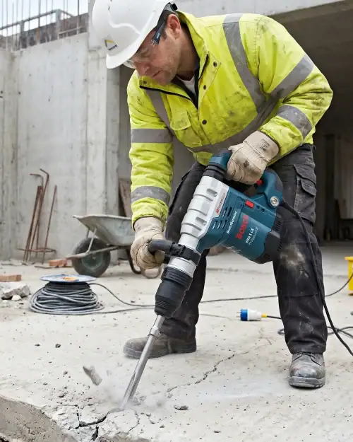 Worker in hi-vis using light breaker hire to demolish concrete on outdoor London construction site with Bosch GSH 5 CE