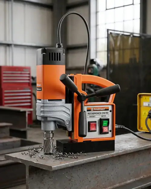 Rotabroach CM40 magnetic drill on workshop bench showing magnet base controls and annular cutter for steel drilling
