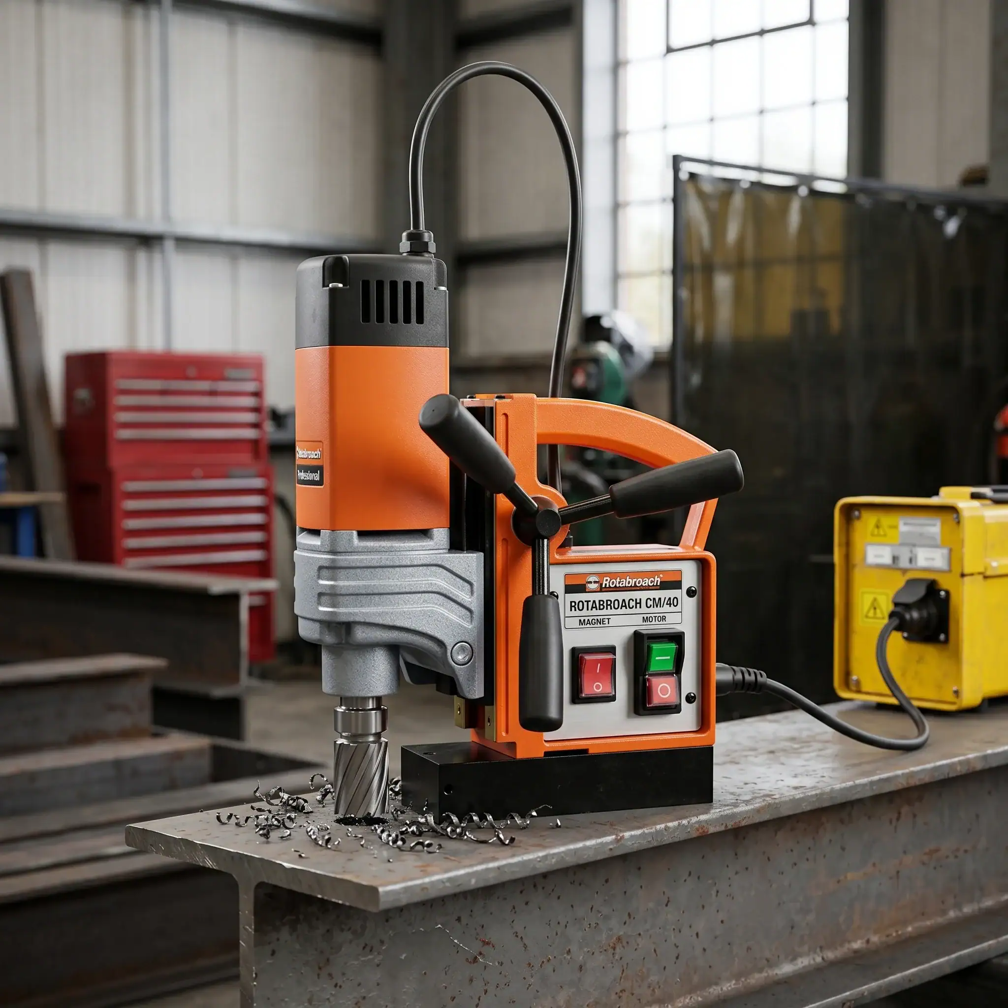 Magnetic Drill Hire London | Rotabroach Mag Drill Kit (110V or 240V) 2 Rotabroach CM40 magnetic drill on workshop bench showing magnet base controls and annular cutter for steel drilling